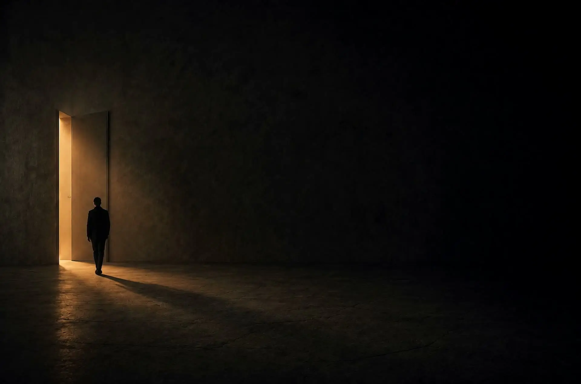 A solitary figure approaching a doorway filled with warm light